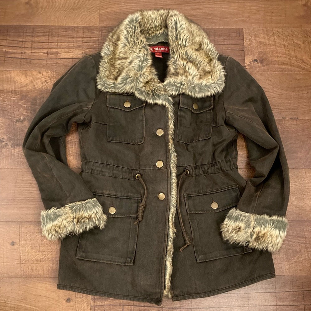 Sundance Earthy Brown Faux Fur Trim Utility Chore Coat Barn Jacket Y2K Women’s M